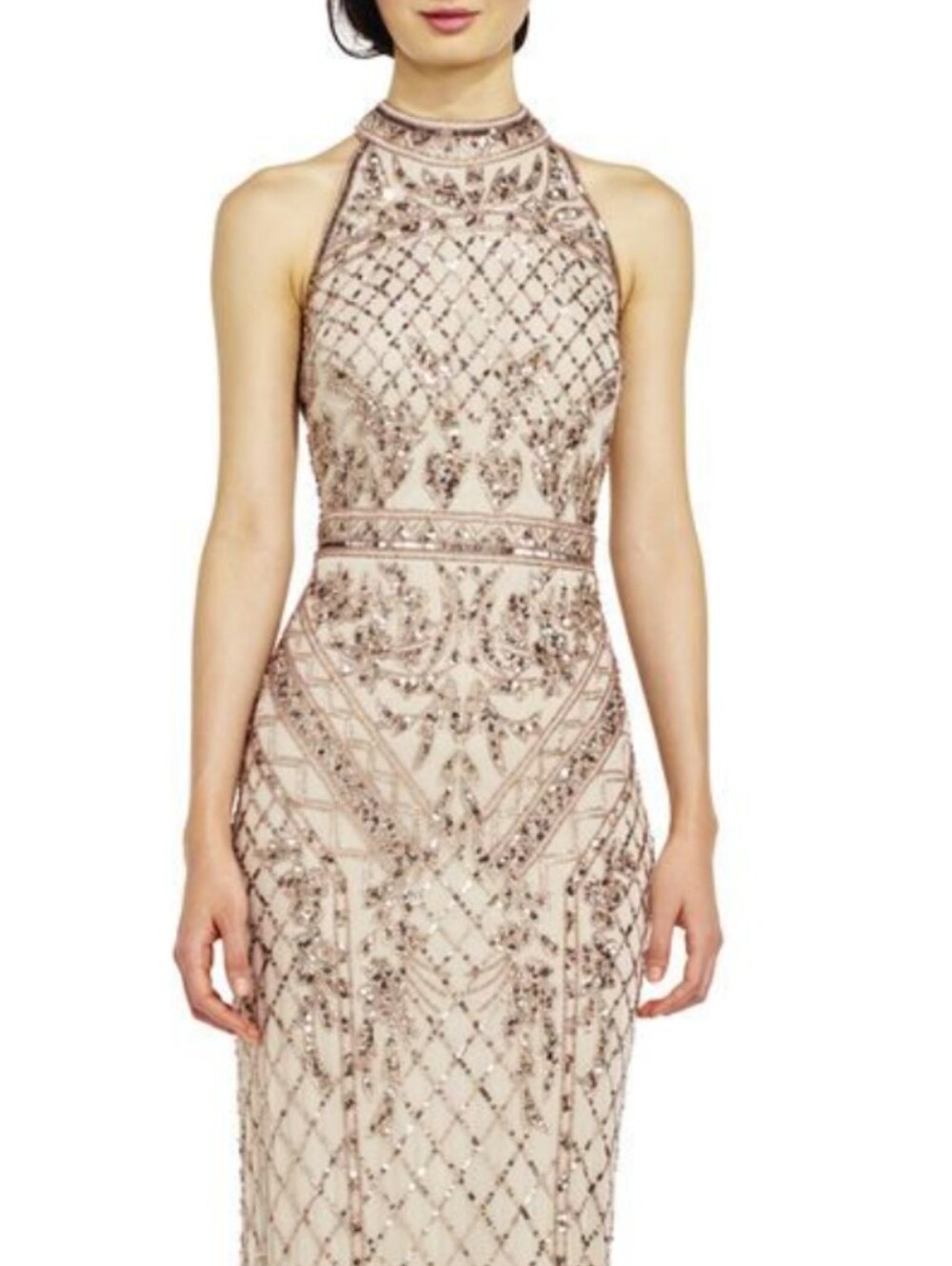Adrianna Papell Halter Neck Racer Back Embellished Mesh Column Gown in Bigotti
